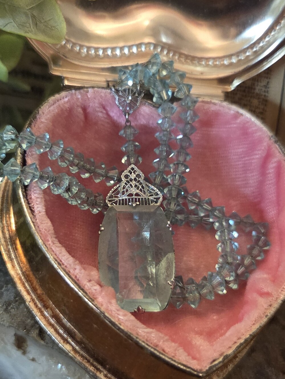 RARE 1901 - 1910 Edwardian Aquamarine Filigree Necklace Strung On Chain
